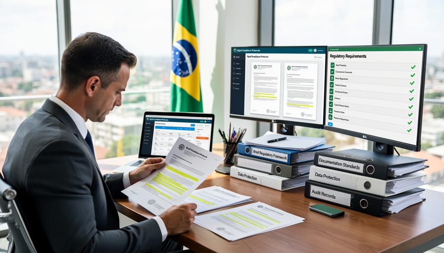 Professional working on computer with Brazilian regulatory compliance documentation