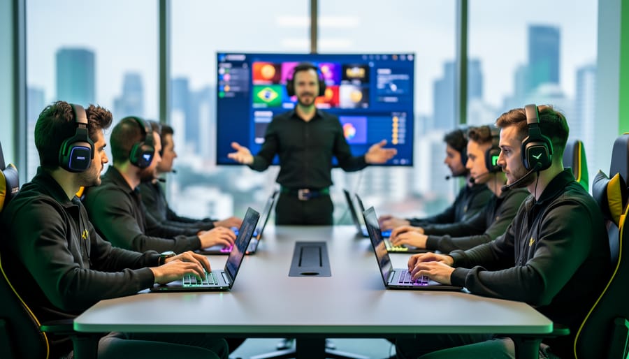 Instructor leading a diverse esports operations team at a conference table with headsets and laptops, subtle Brazilian green and yellow lighting accents, blurred city skyline and abstract screen in the background.