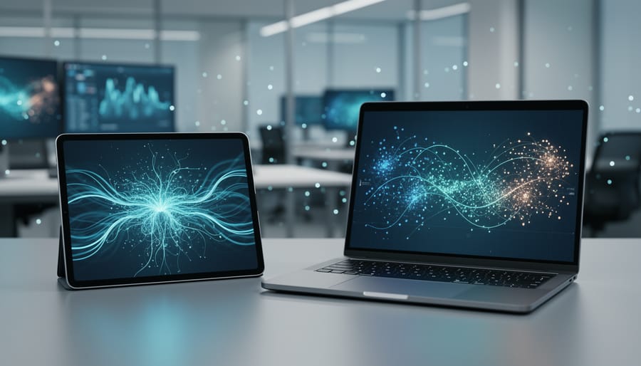 A modern workstation with tablet and laptop showing abstract glowing analytics and neural network light trails representing adaptive practice testing data.
