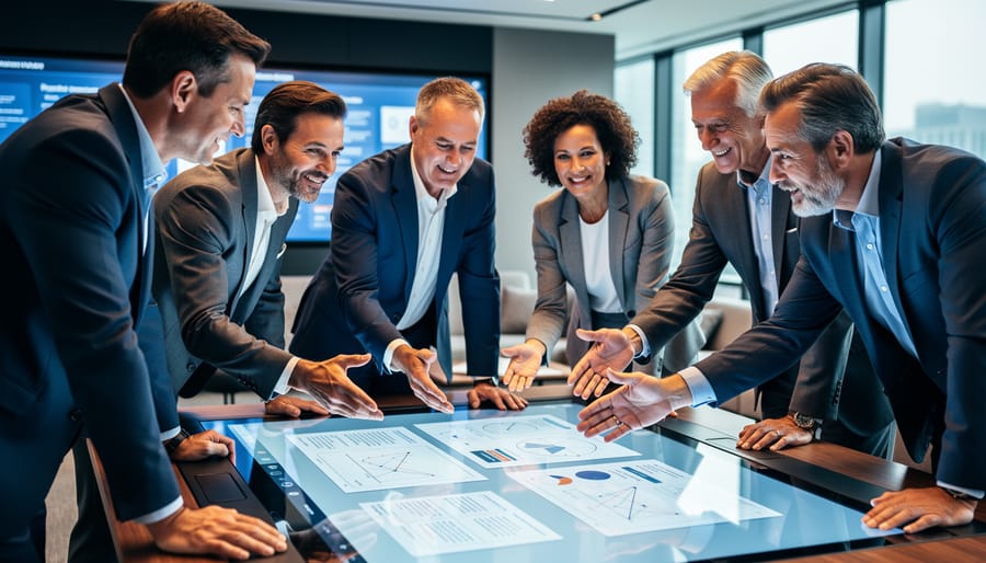 Diverse corporate leaders collaborating during a modern leadership training workshop in a boardroom setting.