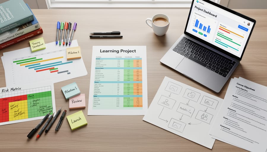 Desk scene with a laptop, budgeting items, and a risk folder suggesting project planning for learning initiatives.