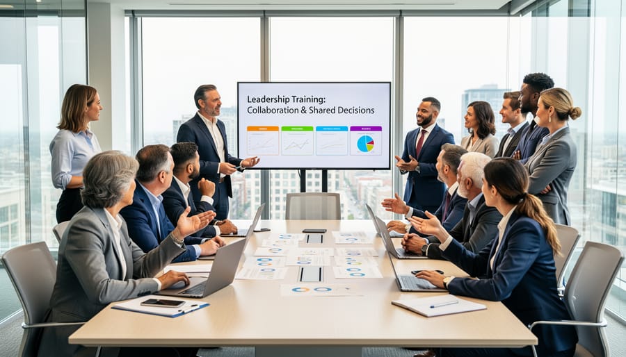 Diverse group of managers in a modern conference room participating in a corporate leadership training workshop