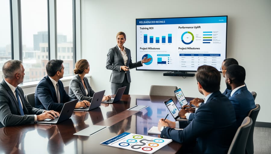 eLearning leader presenting training outcomes to a seated team in a meeting room.