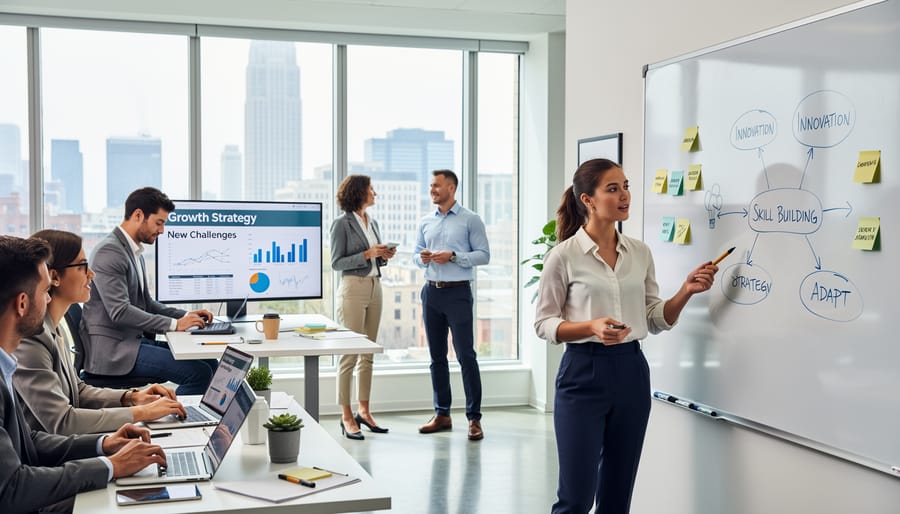 Employee carrying a tablet and walking through an innovation-focused workspace