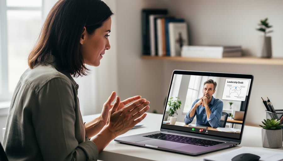 Professional participating in a virtual leadership coaching session on a laptop in a home office