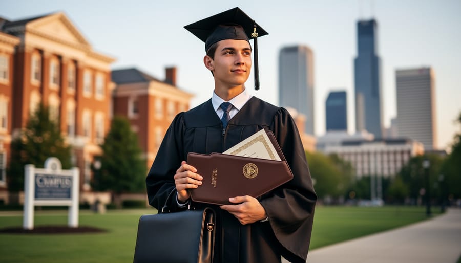 Student holding a graduation folder and course booklets in a library setting.