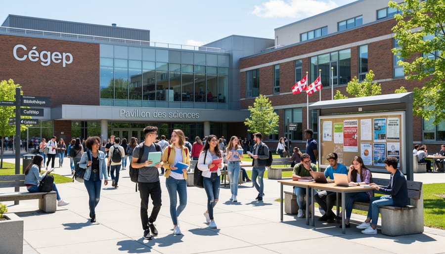 Students walk near a modern cégep campus building in Quebec under soft daylight.