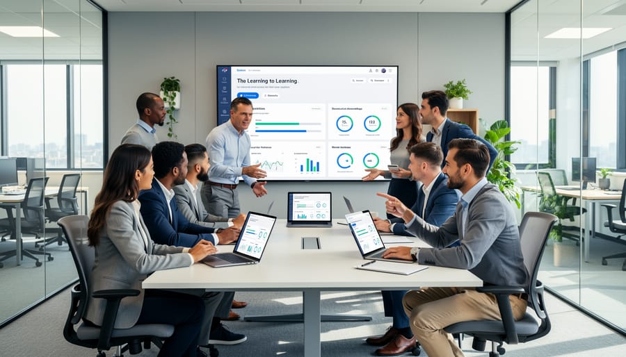 Employees collaborating in a modern office while viewing a digital training dashboard on a large screen