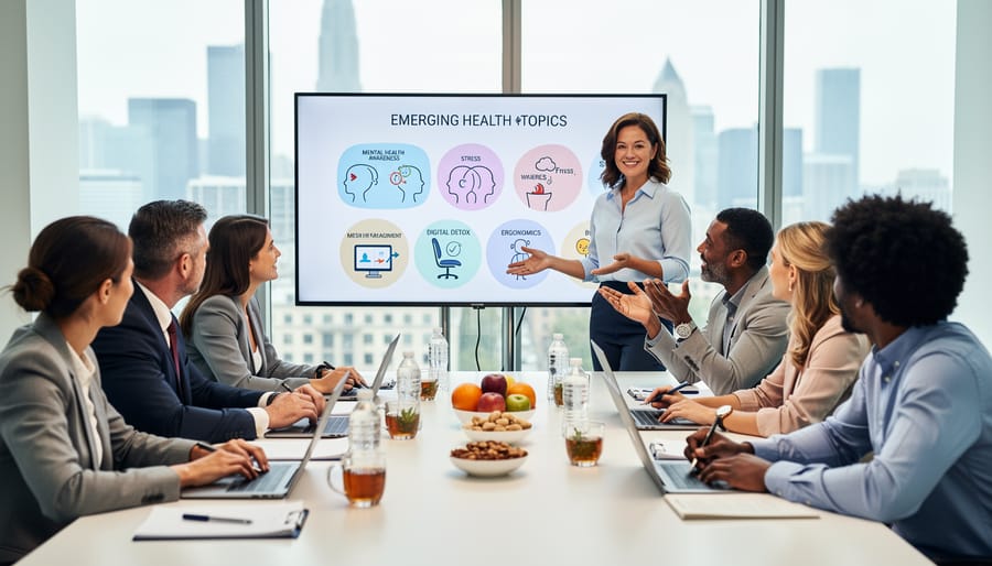 Corporate team discussing wellness training materials around a conference table