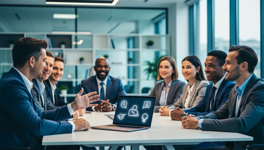 Diverse corporate employees collaborating at a table with a laptop displaying abstract learning visuals, representing scalable eLearning training for company growth.