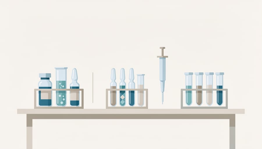Close-up of unlabeled laboratory vials on a bench, representing different peptide formulations
