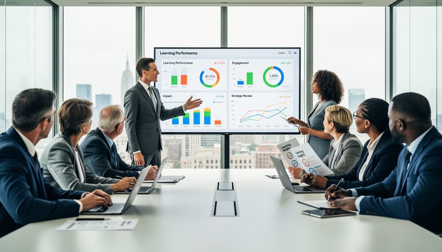 Corporate leaders reviewing learning insights on tablets in a modern office