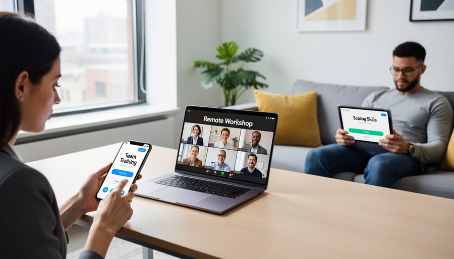 Hands using smartphones alongside a laptop on a desk for remote mobile learning