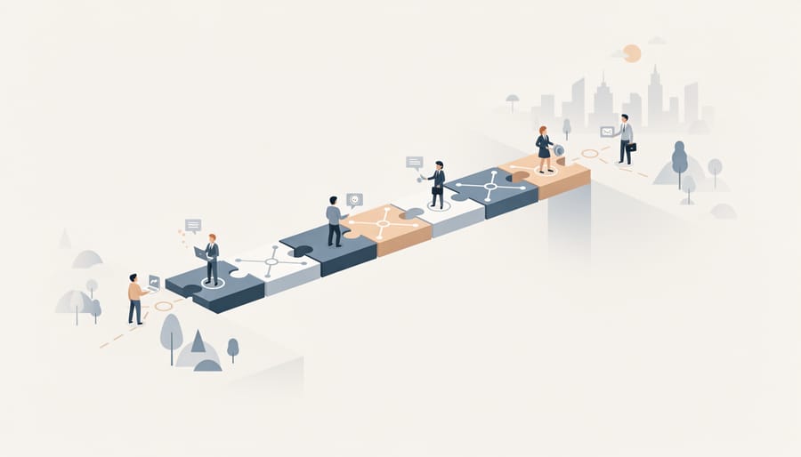 Conceptual image of a sturdy bridge built from interlocking blocks and cables symbolizing connected corporate learning