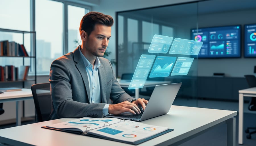 Marketing strategist in a modern workspace reviewing learning performance while an unlabeled digital learning interface floats above course materials, representing eLearning agency growth strategy.