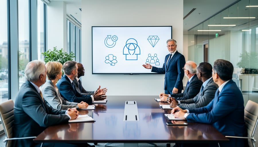 Diverse executives in a modern conference room attending leadership training, with a facilitator gesturing during a collaborative session.