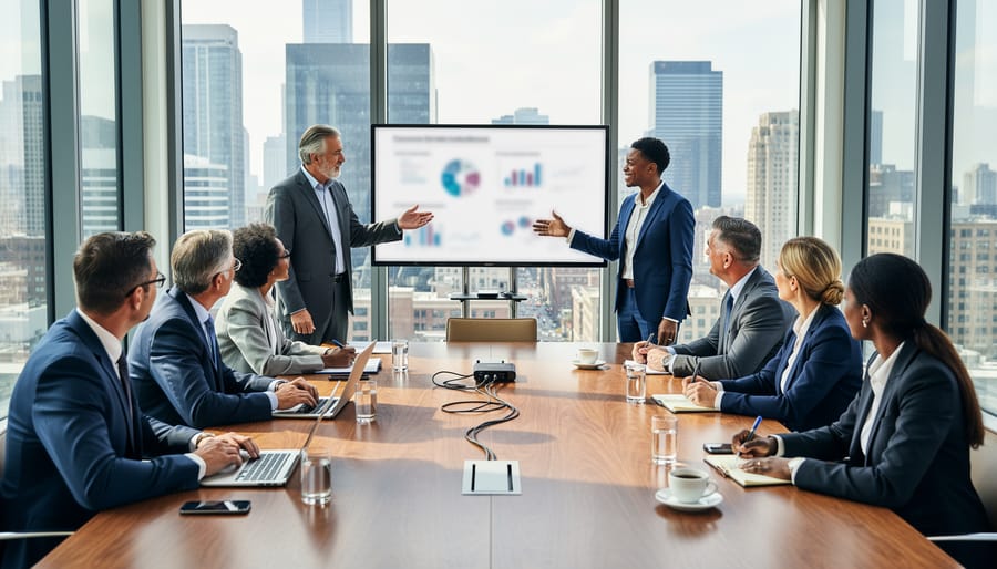 Executives collaborating in a modern boardroom with attentive listening and note-taking.