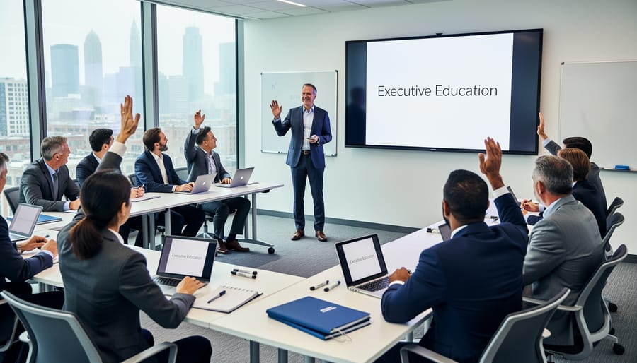 A presenter speaking to a seated group in an auditorium-style leadership training room.