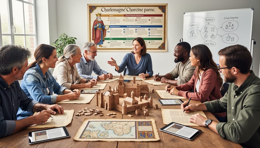 Instructor and group learning together at a table with educational materials in a modern classroom