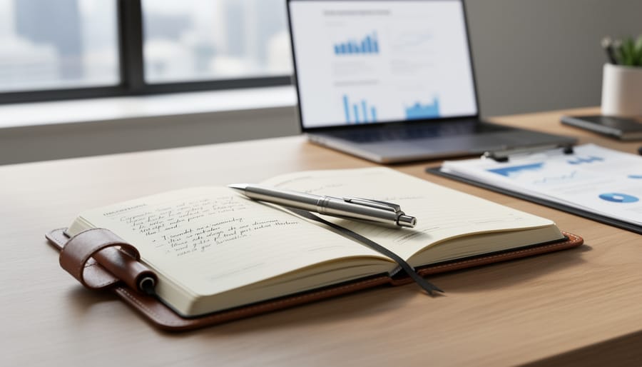 Leather journal and pen on a wooden table next to an open laptop, suggesting application preparation and planning.