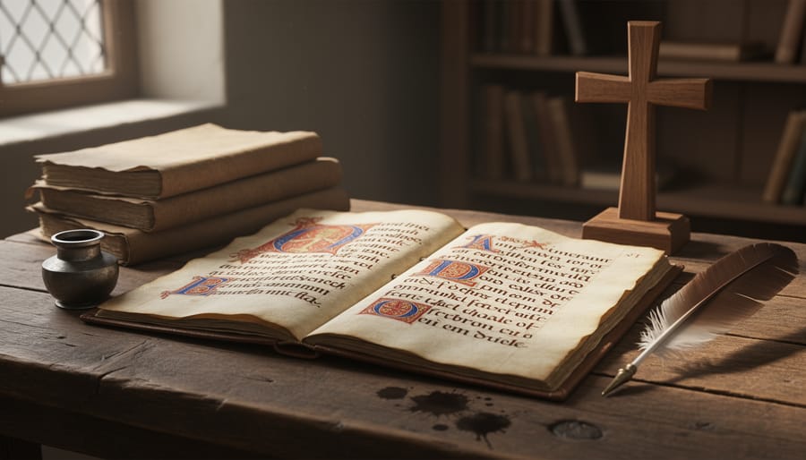 Close view of a medieval-style manuscript on a wooden desk with a quill and inkstand nearby
