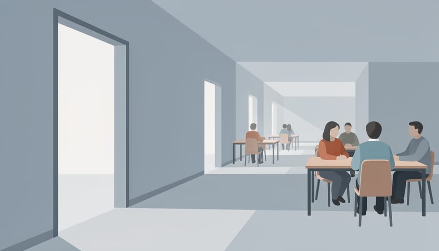 People moving through a warmly lit corridor toward bright learning spaces in a hall