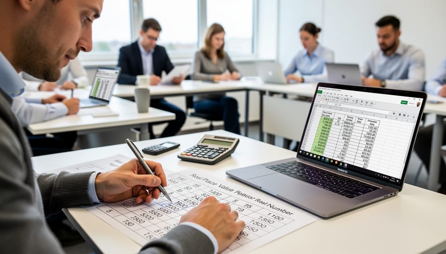 Adult learner in a corporate training room reviewing a printed spreadsheet worksheet with a focused expression.
