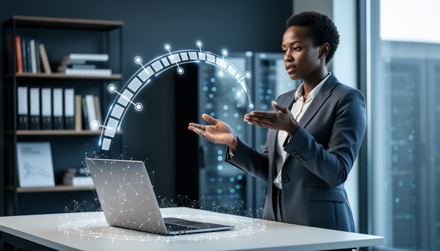An L&D professional in a modern office interacting with a glowing holographic learning pathway and surrounding AI light patterns on a laptop, representing automated, personalized education.