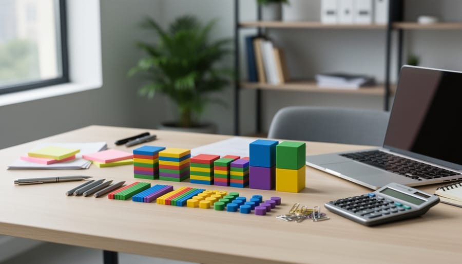 Base-ten blocks next to a calculator and business receipts in a tidy tabletop setup.