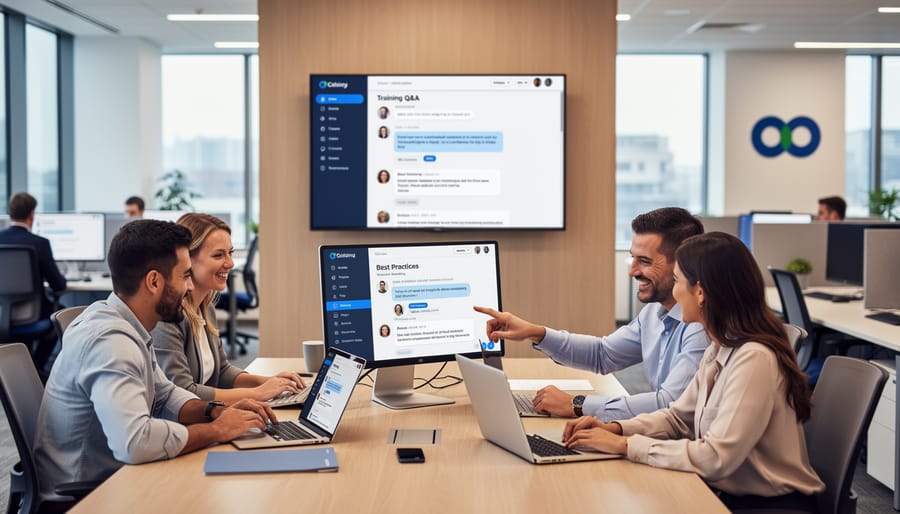 Employees in a workplace training room actively discussing with a facilitator near a large screen showing unreadable visuals.