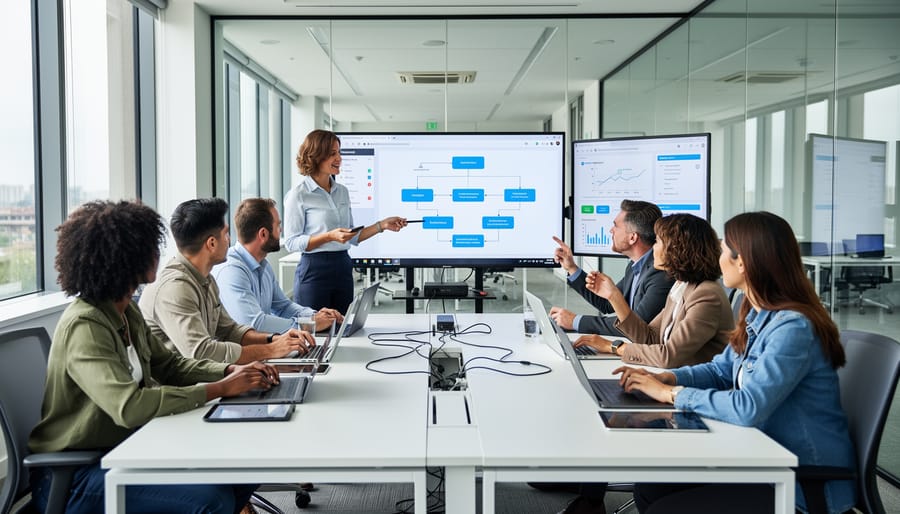 People using laptops and tablets in a modern corporate training room with a facilitator near an interactive screen