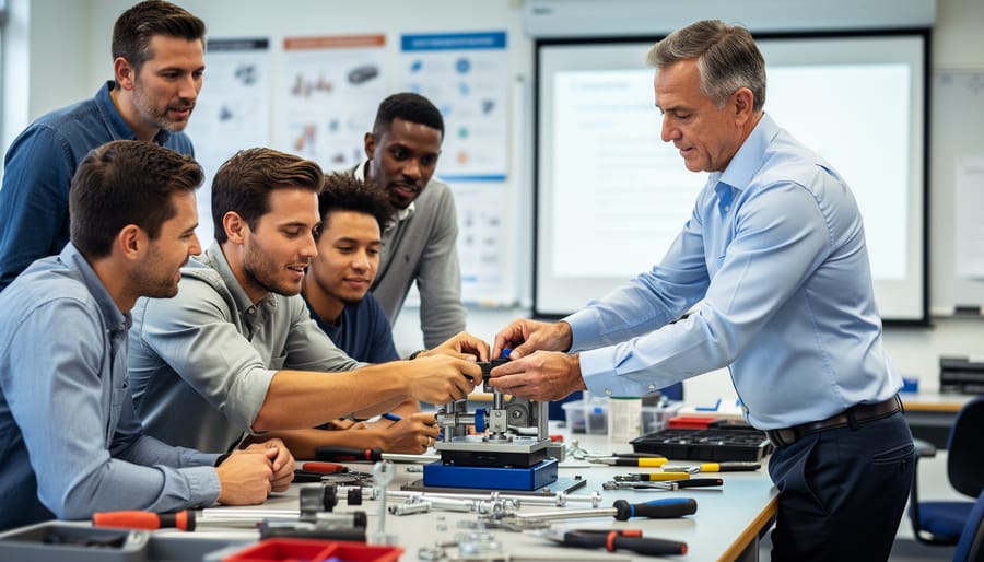 Instructor demonstrating a hands-on skill with training tools in a classroom workshop setting