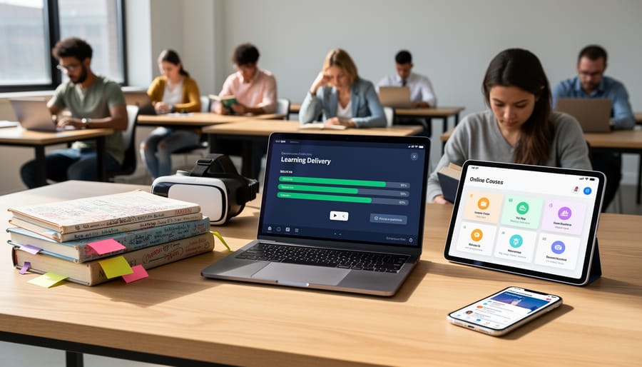 Desk scene with workbook, smartphone, and tablet representing different online learning formats without visible text.