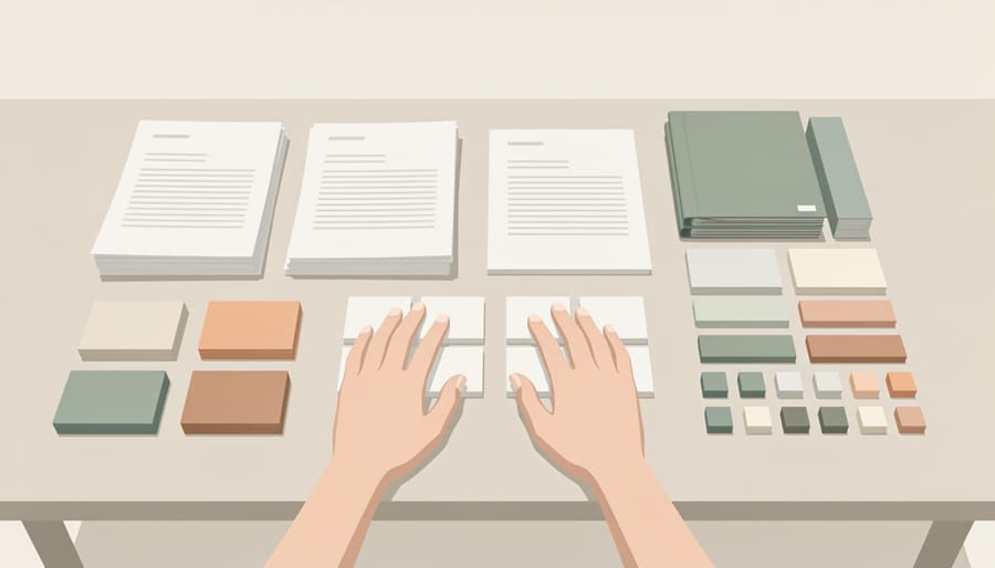 Hands organizing index cards on a desk beside a notebook and pen, symbolizing step-by-step readiness.